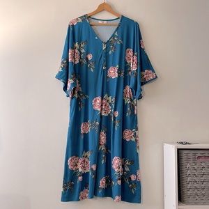 Dwell + Slumber Boho Caftan Dress Gown Lounge Wear One Size Blue Floral